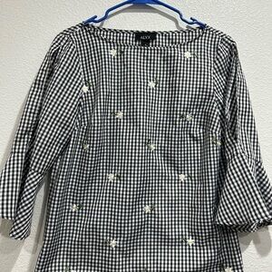 Alyx Black and White Checkered Blouse with White Embroidered Floral Accents Sz S
